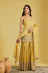 Mustard Tissue Embroidered Gharara Set