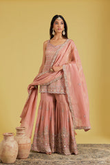 Peach Tissue Embroidered Gharara Set