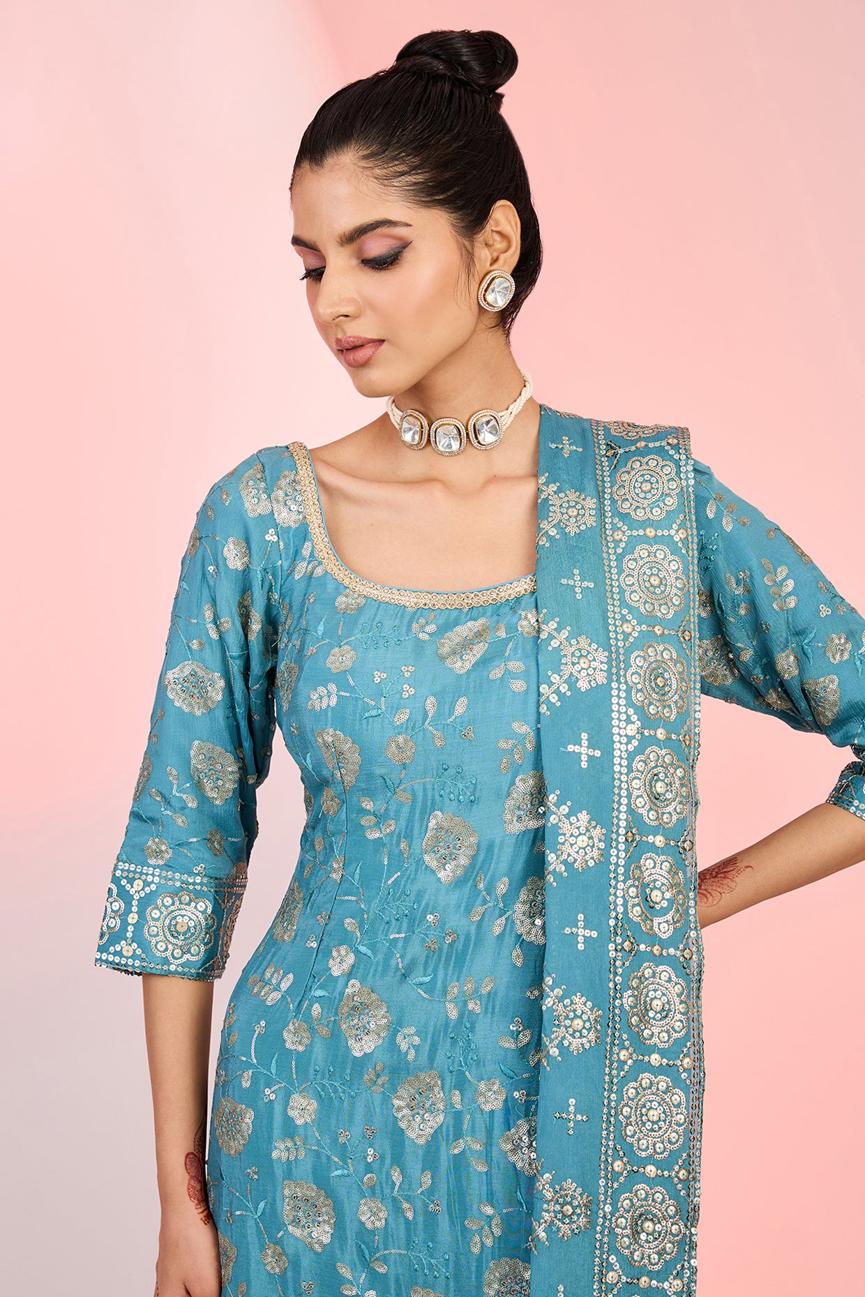 Flower Jaal Embroidered Kurta Sharara Set – Ethnic Festive Wear