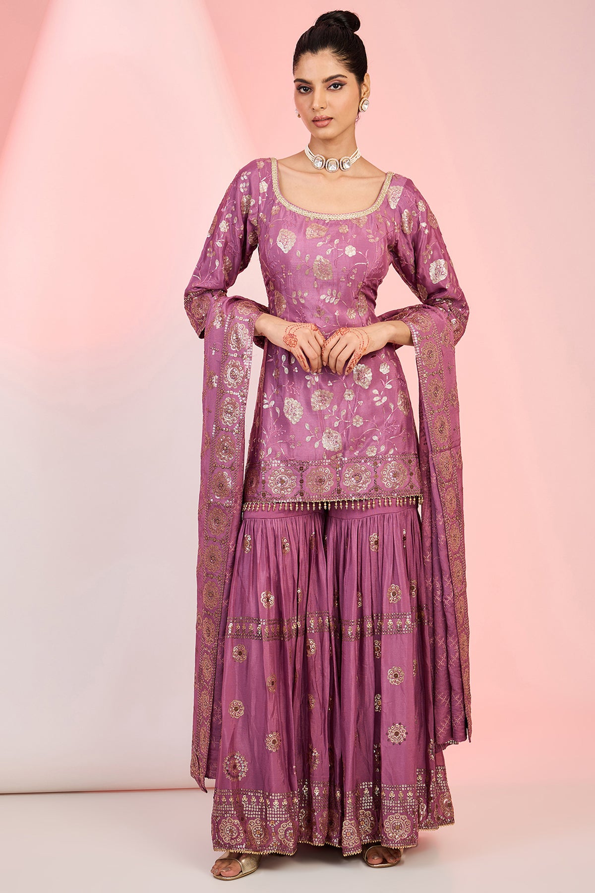 Flower Jaal Embroidered Kurta Sharara Set for Wedding & Festive Wear