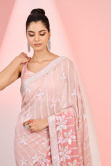Peachy Pink Georgette Sequins Embroidered Saree