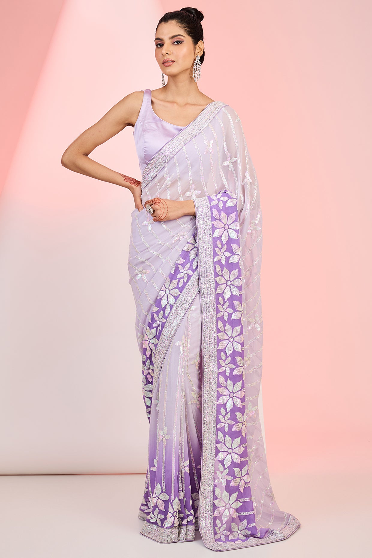 Purple Georgette Sequins Embroidered Ombre Saree