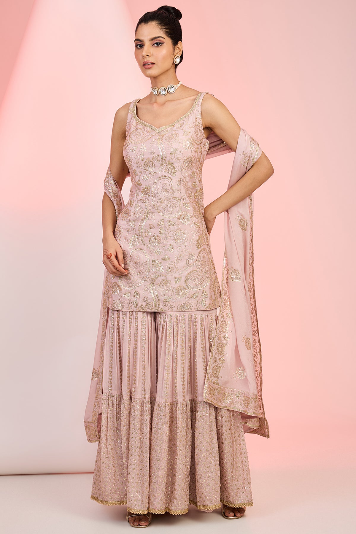 Light Pink Chinon Sequin Embroidered Sharara Set – Ethnic Wear