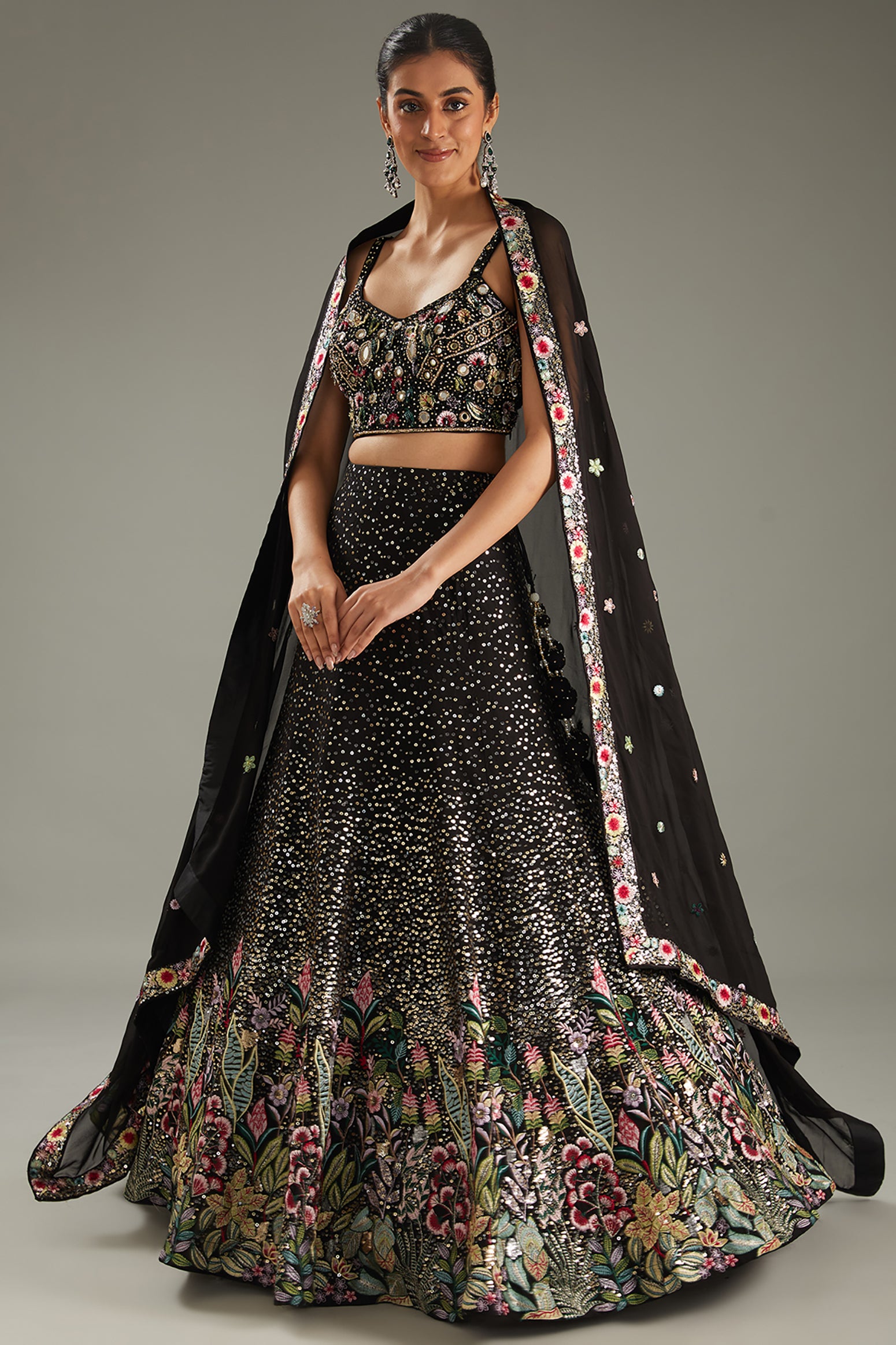 Black Georgette Sequins Embroidered Lehenga Set