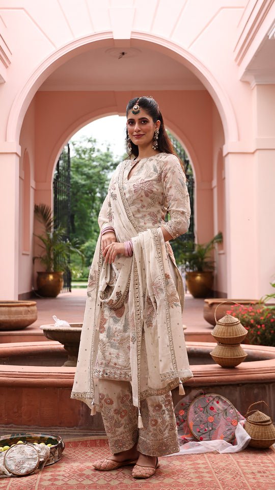 Big flower jaal with pastel gold colour long shirt pant.