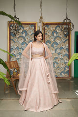 Pink Net Sweetheart Neck Embellished And Woven Lehenga Set