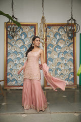 Peachy Pink tissue gharara with a honeybee jaal & sequin embellishments.