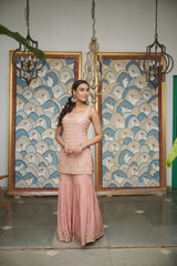 Peachy Pink tissue gharara with a honeybee jaal & sequin embellishments.