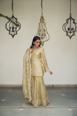 A sea green floral jaal adorned with delicate sequin embellishments.