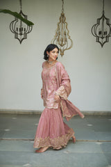 Lavender floral jaal gharara adorned with delicate sequin embellishments.