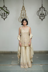 A Yellow tissue with sequin, bead, resham & moti nature-inspired embellishments.