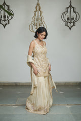 A Yellow tissue with sequin, bead, resham & moti nature-inspired embellishments.
