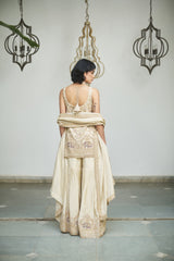 A Yellow tissue with sequin, bead, resham & moti nature-inspired embellishments.