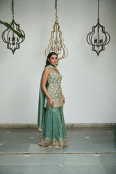 Sage green tissue with sequin, bead, resham & moti nature-inspired embellishments.