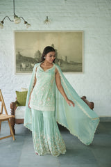 Ice Blue Tissue V-neck Embroidered Kurta Gharara Set
