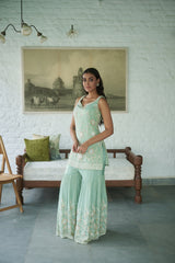 Ice Blue Tissue V-neck Embroidered Kurta Gharara Set