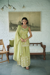 Sage green tissue V-neck Embroidered Kurta Gharara Set