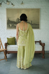 Sage green tissue V-neck Embroidered Kurta Gharara Set