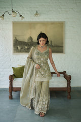 Grey Tissue V-neck, Yes Embroidered Kurta Gharara Set