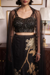 Black Jacquard, Net Sweetheart Neck Embroidered Lehenga Set
