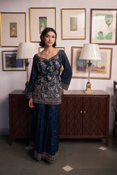 Blue V-neck Embroidered Kurta Sharara Set