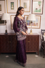 Purple V-Neck Embroidered Kurta And Sharara Set