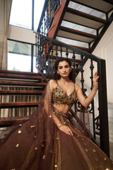 Coffee Brown Geometric Stone & Gota Lehenga Set