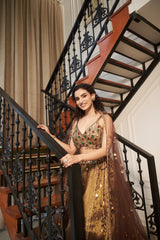 Coffee Brown Geometric Stone & Gota Lehenga Set