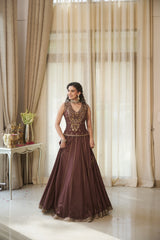 Coffee Brown Pure Silk Floral Jaal Lehenga Set