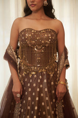 Coco Brown Floral Jaal Stone & Dabka Lehenga Set