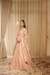 Peachey Pink Traditional Floral Dabka & Nakshi Lehenga Set
