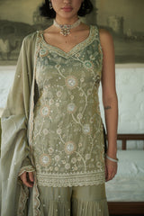 Grey Tissue V-neck, Yes Embroidered Kurta Gharara Set