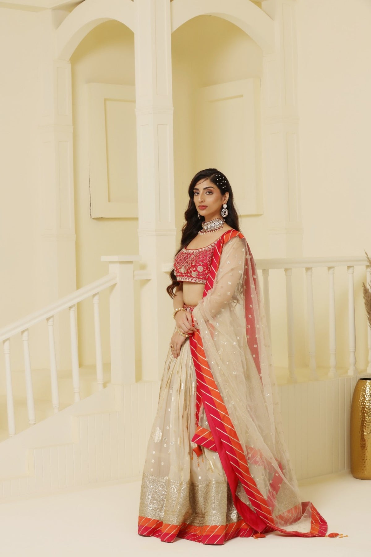 Magenta and orange embroided Tissue lehenga